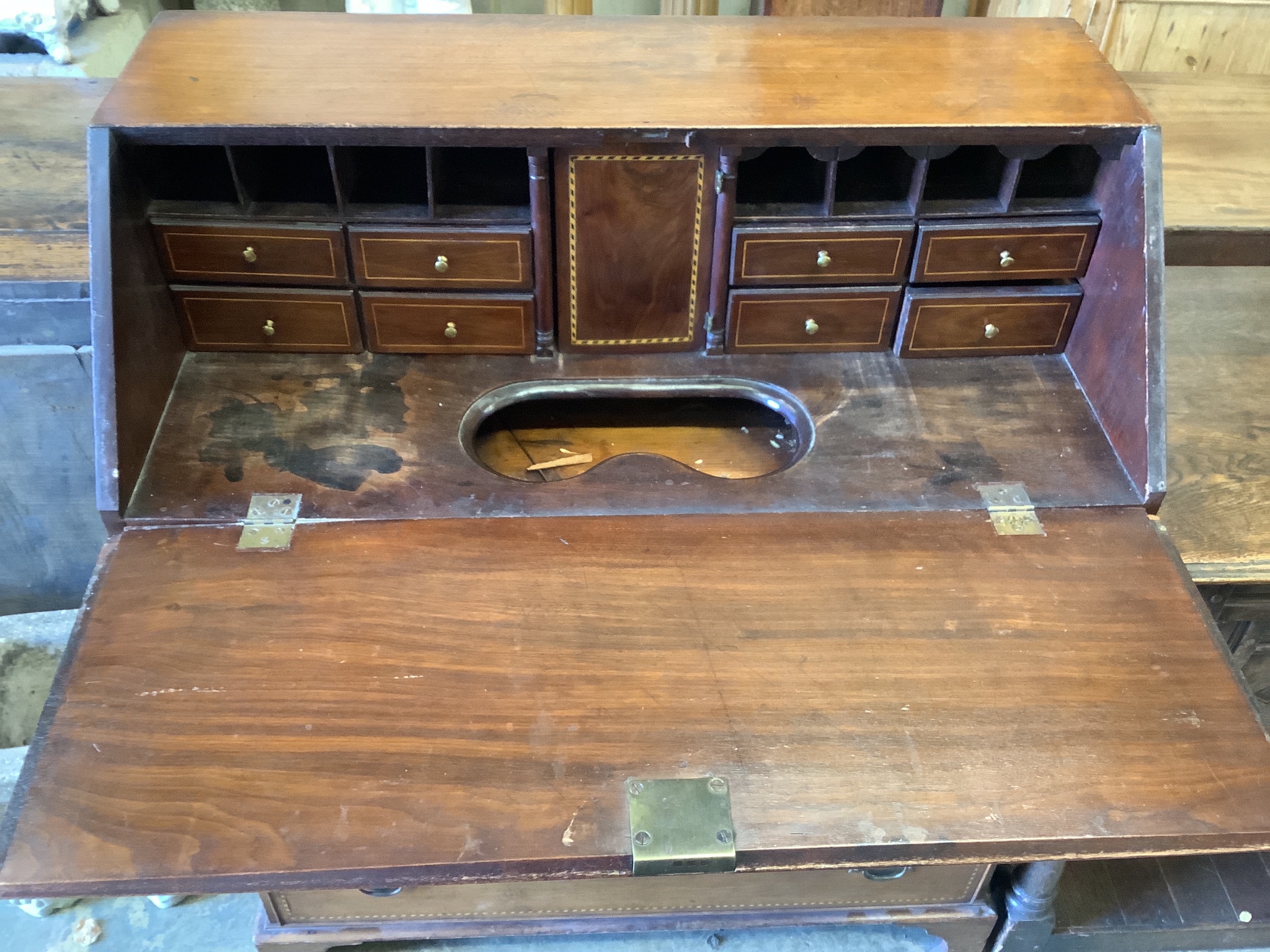 A George III inlaid mahogany bureau, width 88cm, depth 45cm, height 108cm